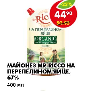 Акция - МАЙОНЕЗ MR. RICCO НА ПЕРЕПЕЛИНОМ ЯЙЦЕ, 67%