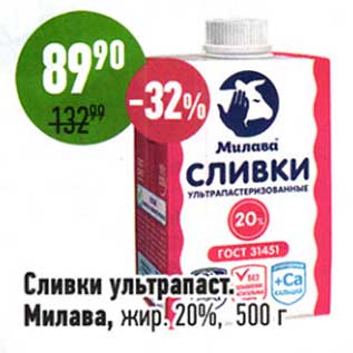 Акция - Сливки у/пастеризованное Милава, 20%