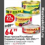 Магазин:Окей,Скидка:Икра трески /скумбрия /сардина 5 морей 160-250 г - 64,99 руб ; Килька в томатном соусе 240 г - 42,99 руб