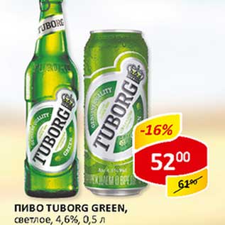 Акция - Пиво Tuborg Green, светлое, 4,6%