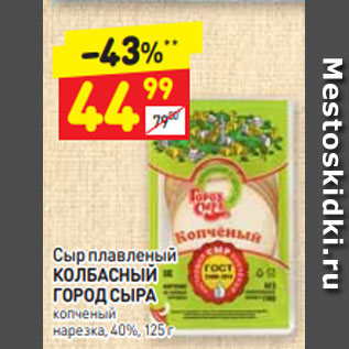 Акция - Сыр плавленый КОЛБАСНЫЙ ГОРОД СЫРА копченый нарезка, 40%, 125 г