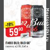 Верный Акции - ПИВО BUD; BUD 66*
светлое, 4,3-5%