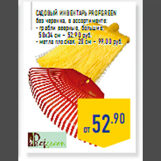 Акция - Садовый инвентарь PROFGREEN без черенка, в ассортименте: - грабли веерные, большие, 58х34 см – 52,90 руб. - метла плоская, 28 см – 99,00 руб.