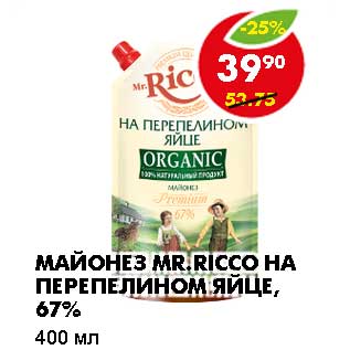 Акция - МАЙОНЕЗ MR. RICCO НА ПЕРЕПЕЛИНОМ ЯЙЦЕ, 67%