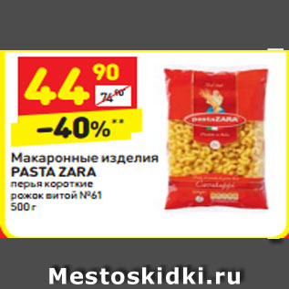 Акция - Макаронные изделия Pasta Zara перья короткие рожок витой №61