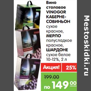 Акция - Вино столовое Vinogor Каберне-Совиньон сухое красное/Мерло полусладкое красное/Шардоне сухое белое 10-12%