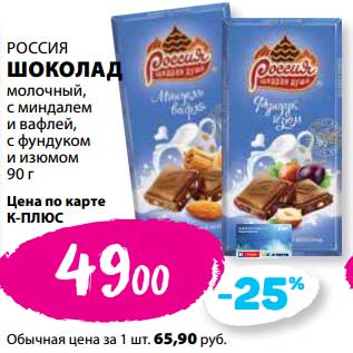Акция - Шоколад Россия молочный, с миндалем и вафлей, с фундуком и изюмом