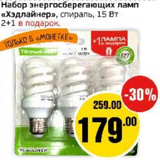 Акция - Набор энергосберегающих ламп "Хэдлайнер", спираль, 15Вт