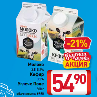 Акция - Молоко 3,5-5,2%; Кефир 3,2% Углече Поле